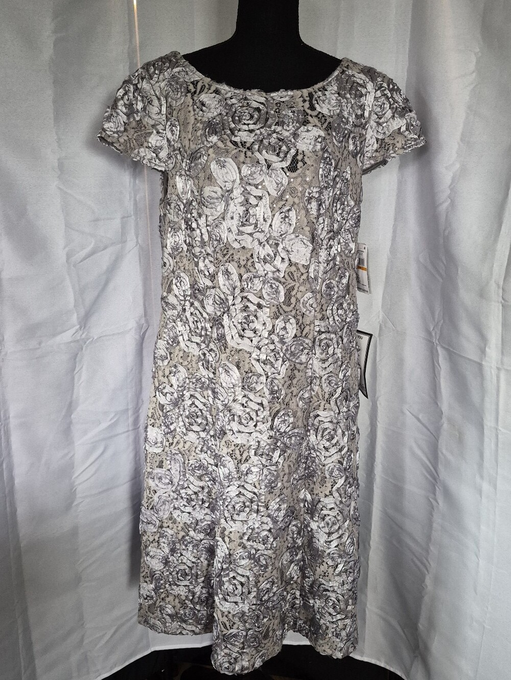 Alex Evenings 3D Floral Evening Dress Womens 16W Silver Sequin Light Ice Blue